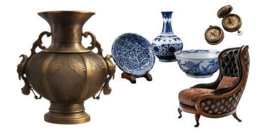 青と白の磁器の皿や壺、茶碗など、中国風または和風の陶磁器が美しく並ぶ